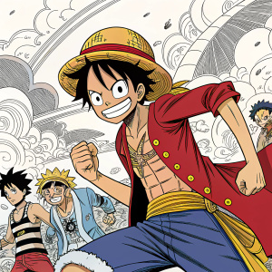 A detailed manga illustration of Monkey D. Luffy and friends. Luffy in determined pose, surrounded by various One Piece characters. Dynamic artwork with bold lines, strong contrasts, complex composition.