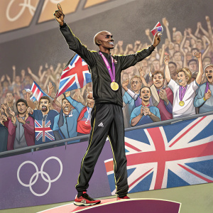 Mo Farah, athlete, wearing black jacket and pants. On podium receiving medal. Crowd cheering in background.