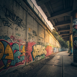 A worn concrete wall covered in vibrant graffiti. Various languages and styles. Moody lighting