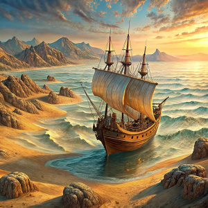 barco carabela a distancia que casi no se ve saliendo de africa en el año 1789 