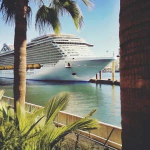 The MS Ovation of the Seas, a giant cruise ship, parked at the port. It stands out in the serene waterfront area.