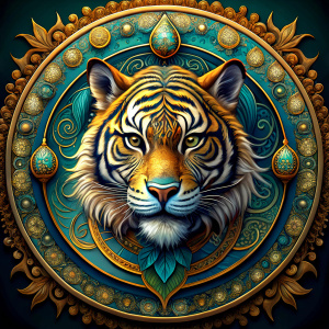 traditional chinese style tiger in turquise and gold in a circle