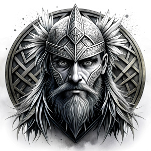 walhalla, viking warrior,  runics face, black work, white backrounds