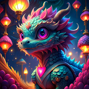 A majestic golden baby dragon with nice scales with piercing and captivating eyes and no ears. Open mouth.The gold baby dragon is surrounded by an array of colorful Chinese lanterns, which cast a warm, festive glow over the scene.  In the background, an impressive fireworks display illuminates the night sky, contributing to the festive atmosphere. Realistic details, Ultra high definition