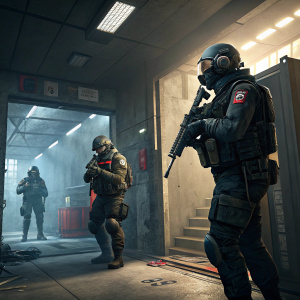 Illustration for 'Bloodlines' comic series in Rainbow Six: Siege. Digital art. Characters in tense environment.