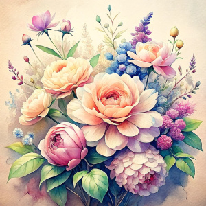 watercolor image ,Pink white Peonies Snowdrops, lobelia, clematis,salvia , carnation, Common Crape Myrtle., Ranunculus viburnum, wax flower, dandelion, geranium , watercolor , watercolor