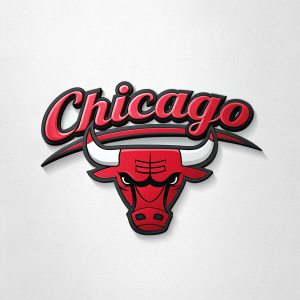 Digital illustration of the Chicago Bulls logo featuring a bold, modern design. The word 'Chicago' in a sleek, curved font, paired with a stylized bull head icon in striking red and black colors. The overall look is sporty and contemporary.