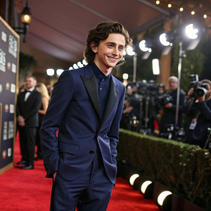 Timothée Chalamet, wearing a navy blue suit, at the Golden Globe Awards. Red carpet scene
