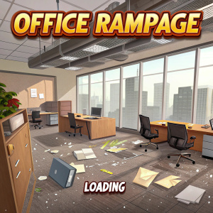 Illustration for the game 'Office Rampage'. A shattered office environment with the game's logo prominently displayed at the top and a loading message at the bottom.
