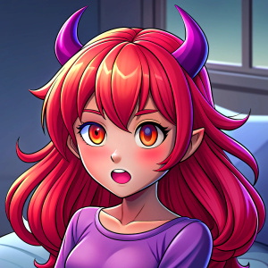 Succubus with gradient hair in purple, lilac, pink colors, with mysterious face