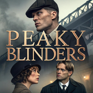 Promotional poster for Peaky Blinders. Dark tones, intricate typography, iconic imagery, and structured layout.