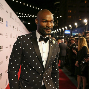 Tyson Beckford, bald head, in a sleek black suit with white polka dots. At a corporate gala. Crowded hall, bright lights, and sponsors' logos everywhere.