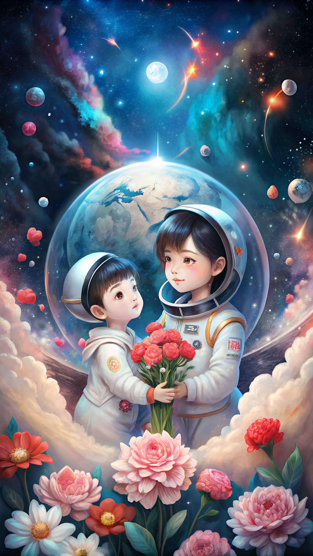 32K magical romantic Taiwanese manga painting style, Poser Art, ((ornate Taiwanese adorable hetersexual-couple)) as cute little tiny astronauts celebrate Mother's Day in space, carnations, English written text "Happy Mother's Day!"