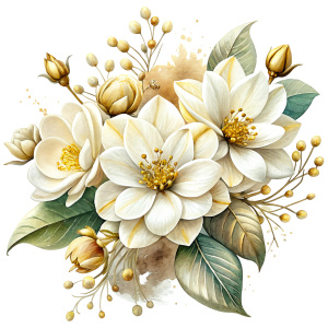 white and gold flowers on a pure white background.