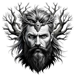 Wikinger mit zwei Gesichtern baum yggdrasil – and weapons high-definition design grey and black, realistic tattoo design, white background