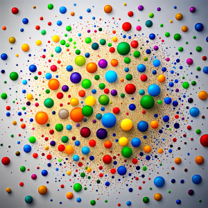 2d,colorful scattered splashed polka dots, white background