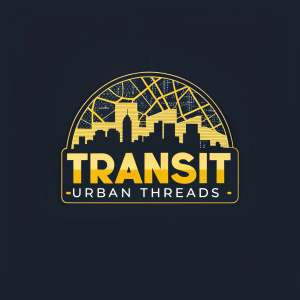 Logo for Transit Urban Threads. Dark background. Stylized city map graphic. Bold text 'Transit Urban Threads'. Color scheme includes bright yellow, black, and dark black.