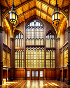 grand lobby wood hight wall hight 4 window gothic glass- high-definition - brown and black wood wall- old wood grey background 