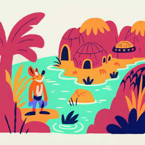 Cartoon illustration of Crash Bandicoot in a vibrant jungle. River, aquatic plants, unique huts, and structures integrated into rocky terrain, bursting with colors and intricate details.