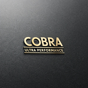Modern logo design for Cobra Ultra Performance. Metallic typography with a sleek finish, brand name centered. Simple and sophisticated design.