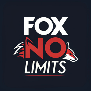 Fox No Limits brand identity. Dynamic logo design. 'FOX NO LIMITS' slogan in bold white, red, and black text. Varied sizes and contrasting backgrounds for marketing impact.