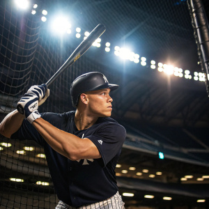 Aaron Judge, New York Yankees, intense focus in batting cage. Indoor stadium lights, baseball hitting net visible