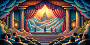 realistic broadway theater, stage, performance, curtain, actors, scenery