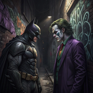 Digital artwork featuring Batman and The Joker from DC Comics. Dark alley background with graffiti