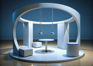 corner exhibition stand.  round hanging structure with a logo above the stand. smooth shapes. two tables for negotiations.