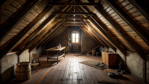  In 1874 in a house in France, a dark, narrow attic room in a dark, narrow attic room in a dark attic room in a very bad condition in a very bad condition in a small, dark and squalid room, very dark, no windows  realistic photorealistic 8k 