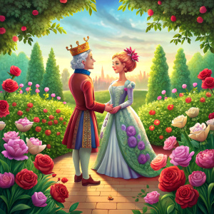 Queen and king couple together in a garden