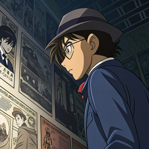 Detailed manga panel of Detective Conan, depicting various intense scenes with intricate artwork and a color palette dominated by dark hues.