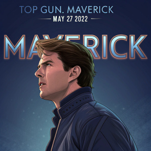 Tom Cruise, intense look, standing in front of a dark blue background with glowing 'Maverick' logo. Film: Top Gun: Maverick, Release Date: May 27, 2022