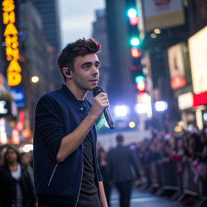 Nathan Sykes, performing on a crowded street. Casual attire, dark hair, youthful. Microphone in hand. Bright stage lights