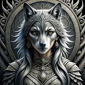 Nordic Godness Ylva She-Wolf - perfect realistic art, high-definition grey and black, white background tattoo design