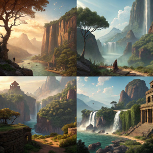 High-definition screenshots from the game 'Eldoria: Realm of Myth'. Diverse landscapes including towering cliffs, lush green forests, and shimmering waterfalls. Ancient ruins and mystical structures点缀其中。色调以大地棕色、绿色、蓝色和金色为主。场景细节丰富，纹理逼真，注重环境的沉浸感。风格为高质量的3D渲染游戏。