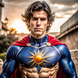 Hernan dragón modelo argentino,actor argentino 20 años , traje manga larga de superhéroe azul oscuro a cuerpo musculoso con un sol en el pecho símbolo argentino 