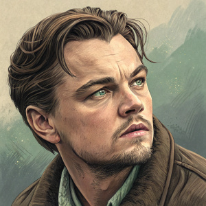Digital portrait of Leonardo DiCaprio. Textured illustration, muted colors. Strong jawline, determined expression. Wavy brown hair, striking green eyes.