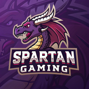 Cartoonish logo for Spartan Gaming featuring a fierce, dragon-like mascot with sharp teeth and a horn. The mascot is depicted in a dynamic pose against a dark, violet background. Below the mascot, the text 'SPARTAN GAMING' is displayed in bold letters.