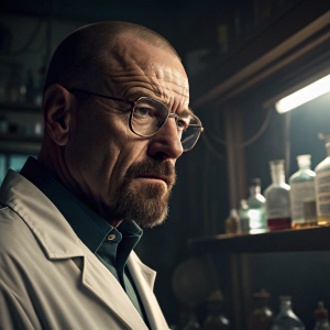 Close-up of Walter White from Breaking Bad, wearing glasses and a lab coat. Background shows a dimly lit laboratory.