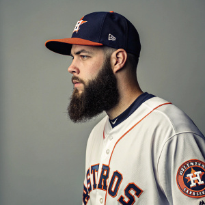 Dallas Keuchel, baseball player, sporting a beard, dressed in a Houston Astros jersey. Solemn expression against plain grey backdrop.