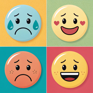 A collage of emoji-like faces displaying various emotions, from crying to smiling.