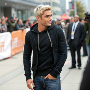 Zac Efron, blonde hair, wearing a fitted black hoodie and jeans, standing outdoors amidst a crowd at a film festival.