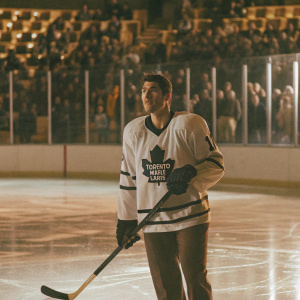 Joffrey Lupul, in a Toronto Maple Leafs jersey, holding his hockey stick on the ice. The arena lights reflecting off the surface, surrounded by cheering fans