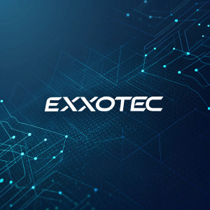 Digital graphic of Exxotec logo, featuring sleek white design on a dark blue background with intricate digital patterns. Futuristic and modern appearance.