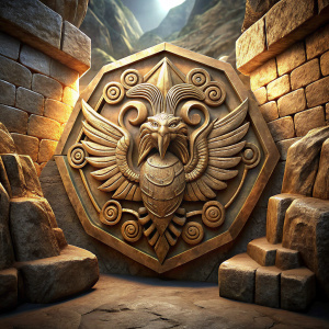 A griffin stone embossed sigil that is in an aztec pyramid cave like in Indiana Jones