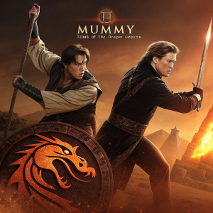 Film poster for 'The Mummy: Tomb of the Dragon Emperor'. Jet Li and Brendan Fraser in intense action poses. Fiery emblem dominates the foreground. Warm earthy tones, predominantly browns and oranges