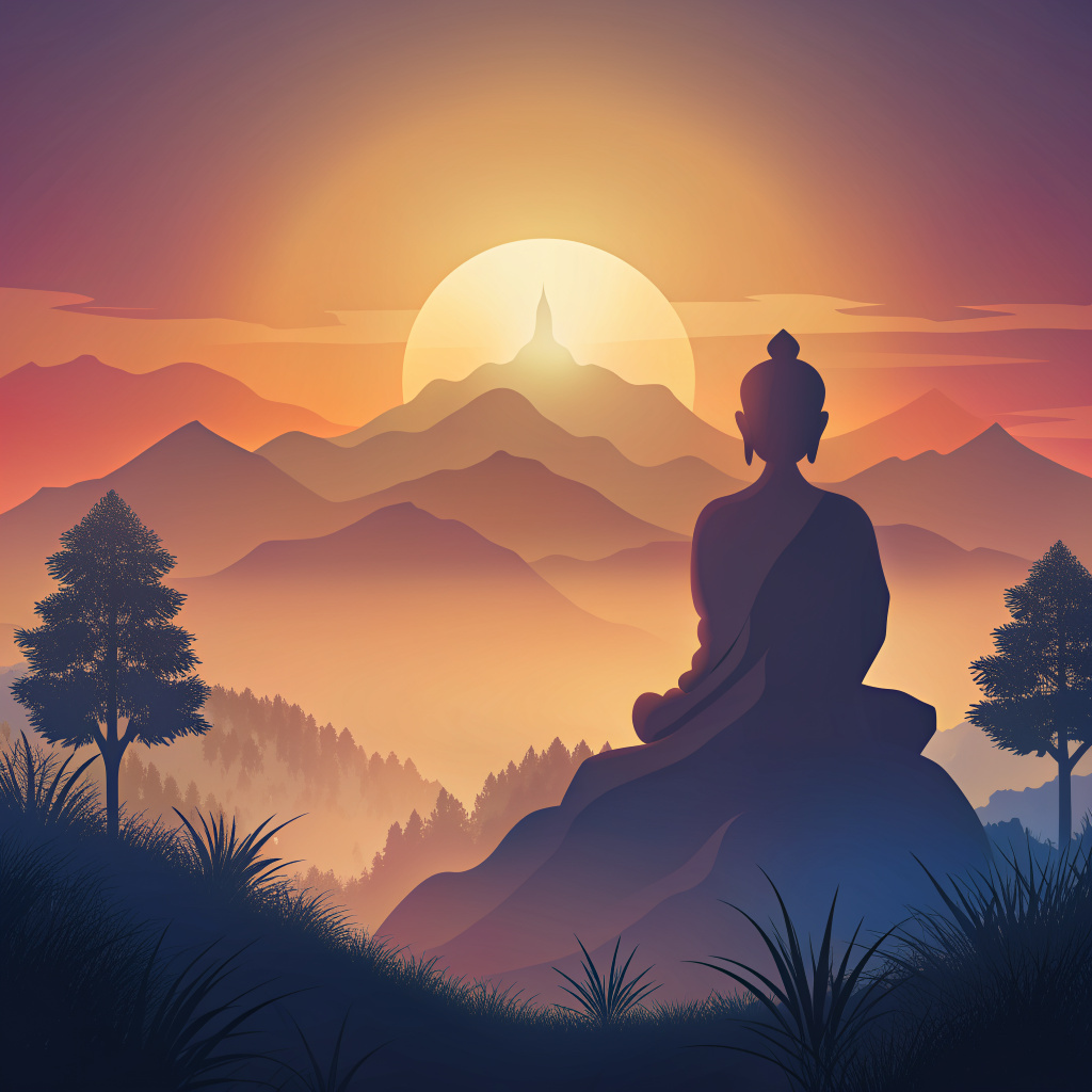 Imagine a tranquil landscape where a Buddha statue stands solemnly amidst the ethereal beauty of a sunset, embodying the harmony between the spiritual and natural worlds.