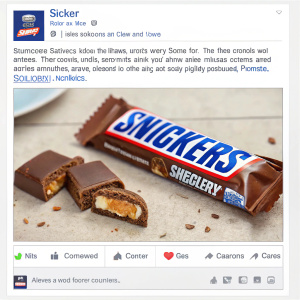 A Facebook post featuring Snickers candy bar. Central image of Snickers bar. Article comparing packaging to other candy bars. Video thumbnails and player. Likes and comments section visible.