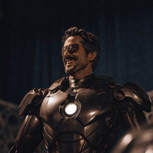 Robert Downey Jr. as Iron Man, smiling confidently. Dark blue backdrop, intricate design. Comic-Con appearance.